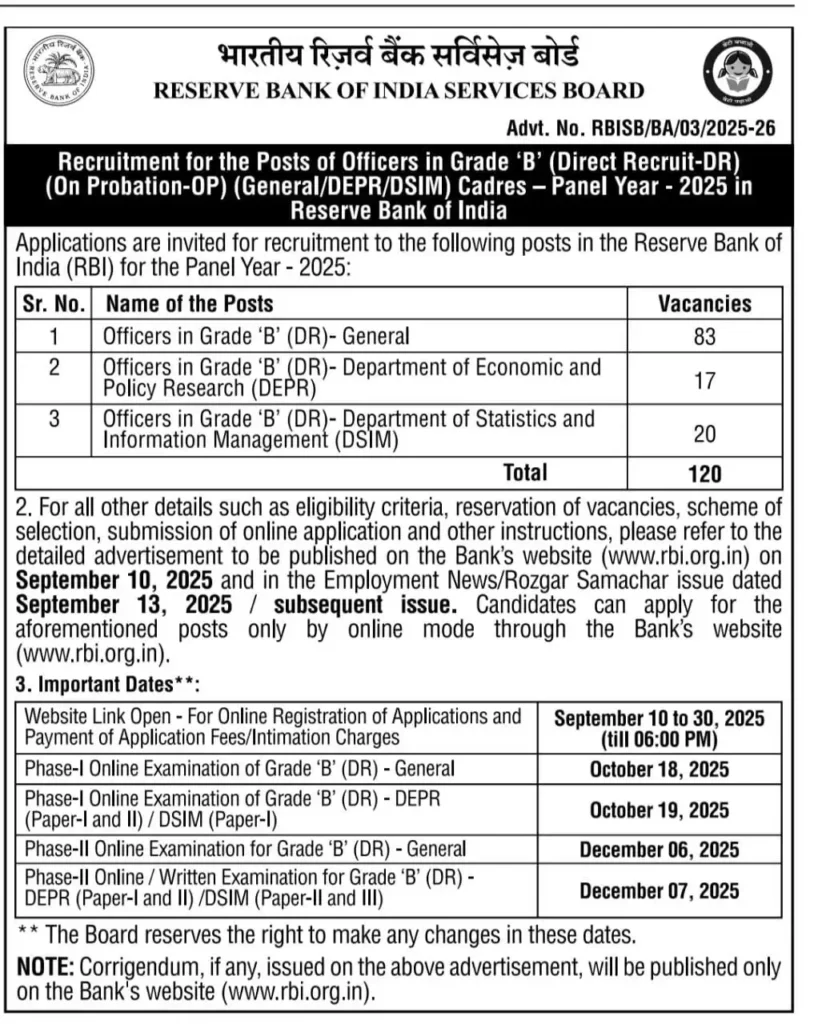 RBI Grade B Notification 2025