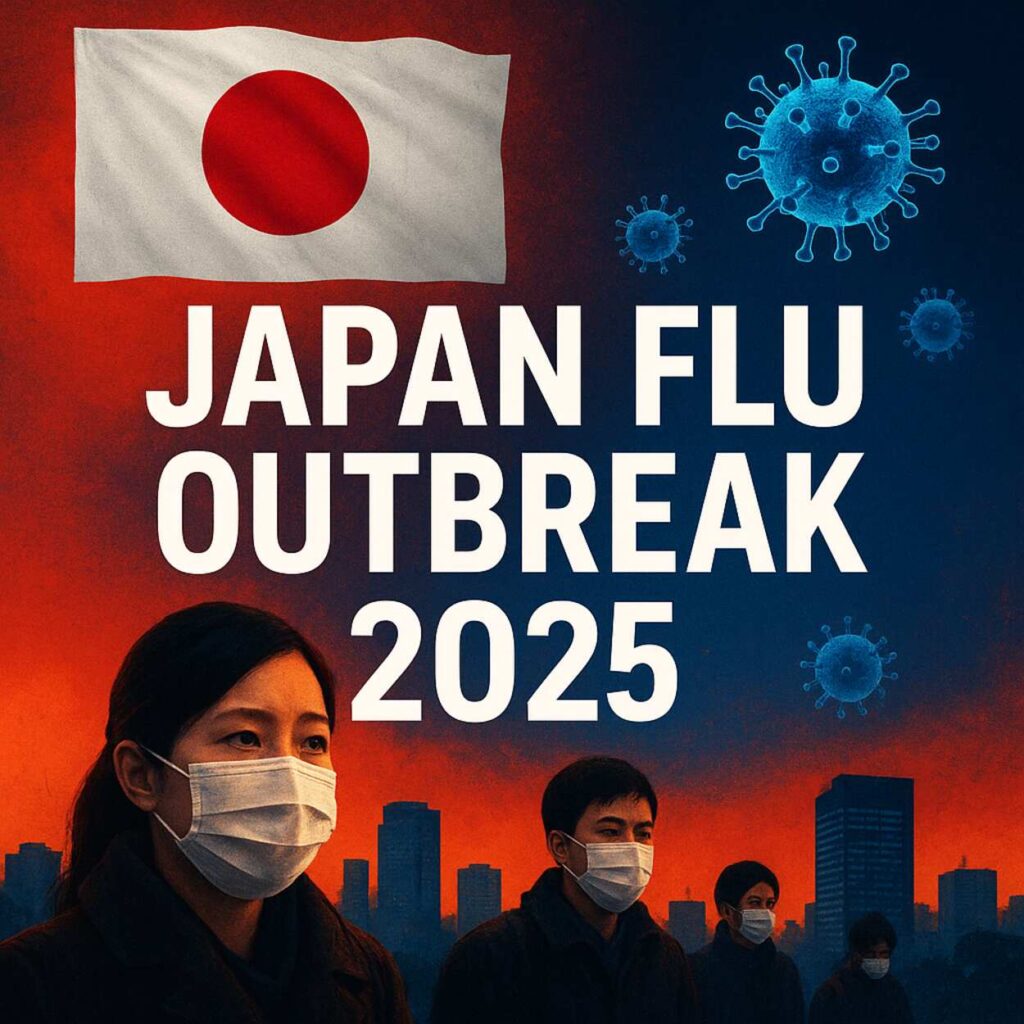 Hyper-realistic news image showing Japan Flu outbreak 2025 with Japan flag