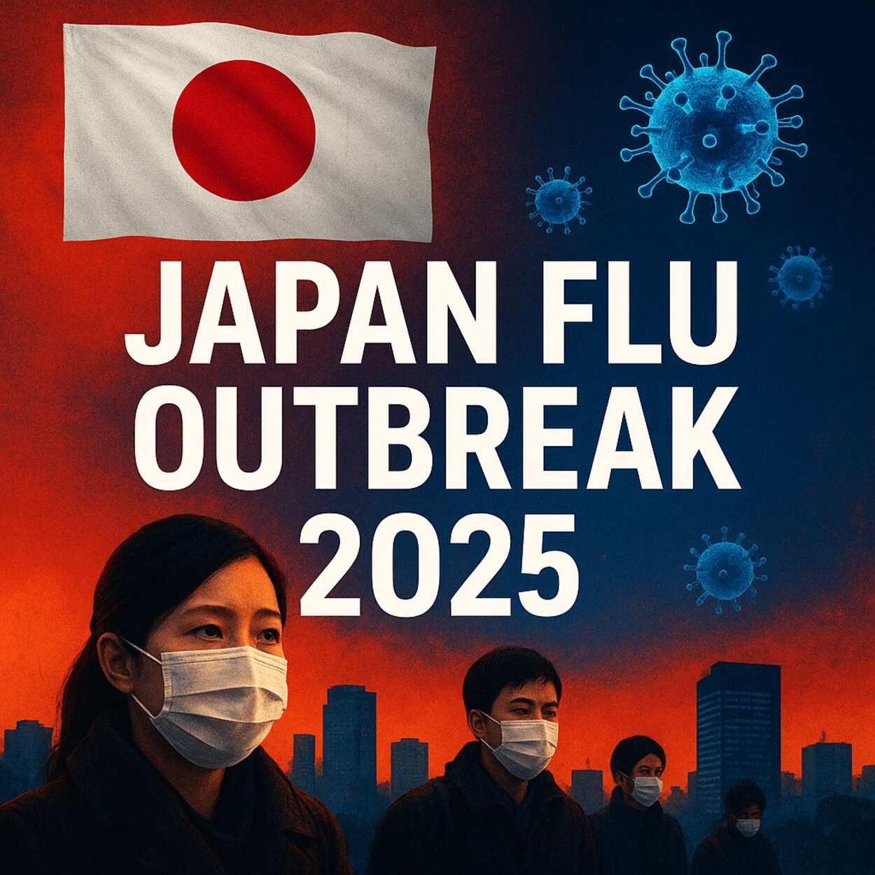 Hyper-realistic news image showing Japan Flu outbreak 2025 with Japan flag