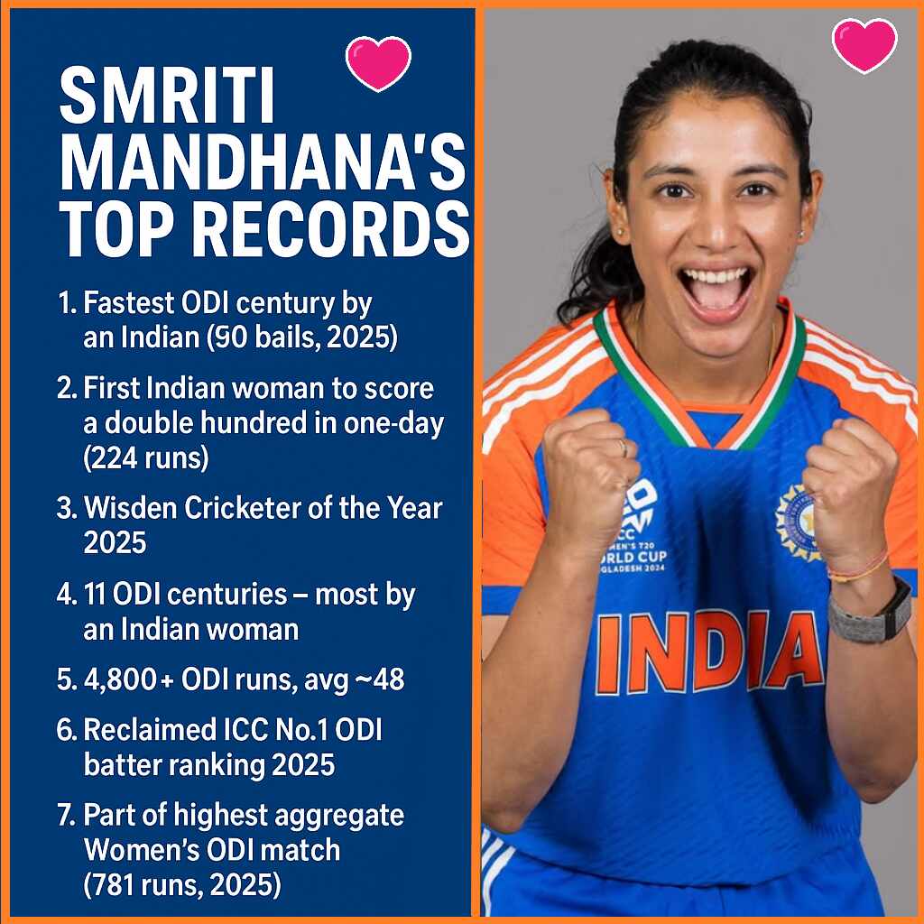 Smriti Mandhana’s top records. 1. Fastest ODI century by an Indian (men or women) – 50 balls vs Australia, 2025. 2.First Indian woman to score a double hundred in a one-day domestic game (224 off 150 balls). 3. Wisden Cricketer of the Year 2025. 4. 11 ODI centuries – most by an Indian woman. 5. Over 4,800 ODI runs with an average close to 48. 6. Reclaimed ICC No.1 ODI batter ranking in 2025. 7. Part of highest aggregate Women’s ODI match ever (781 runs, India vs Australia 2025). 8. Youngest Indian to score a century in World Cup (2017, vs West Indies)